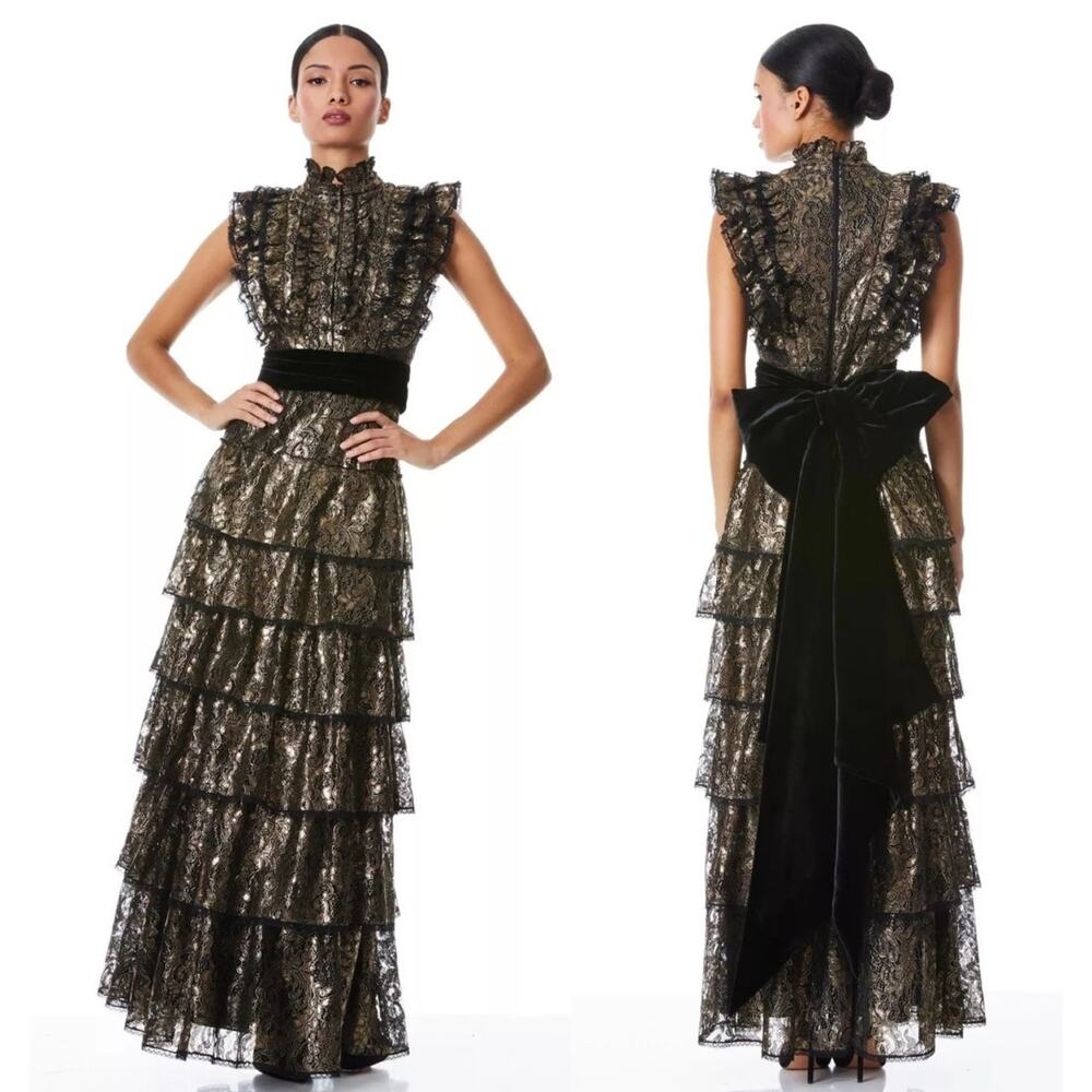 $1300 Alice + Olivia Tahara Gold Metallic Ruffle Sleeve Tiered Maxi Dress Gown S - Picture 1 of 13